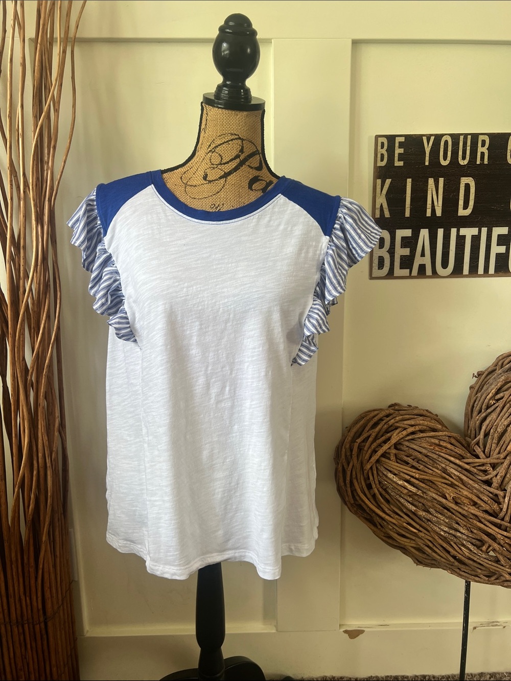 Cato White Tank with Blue Shoulders and Blue-White Striped Ruffle Sleeves